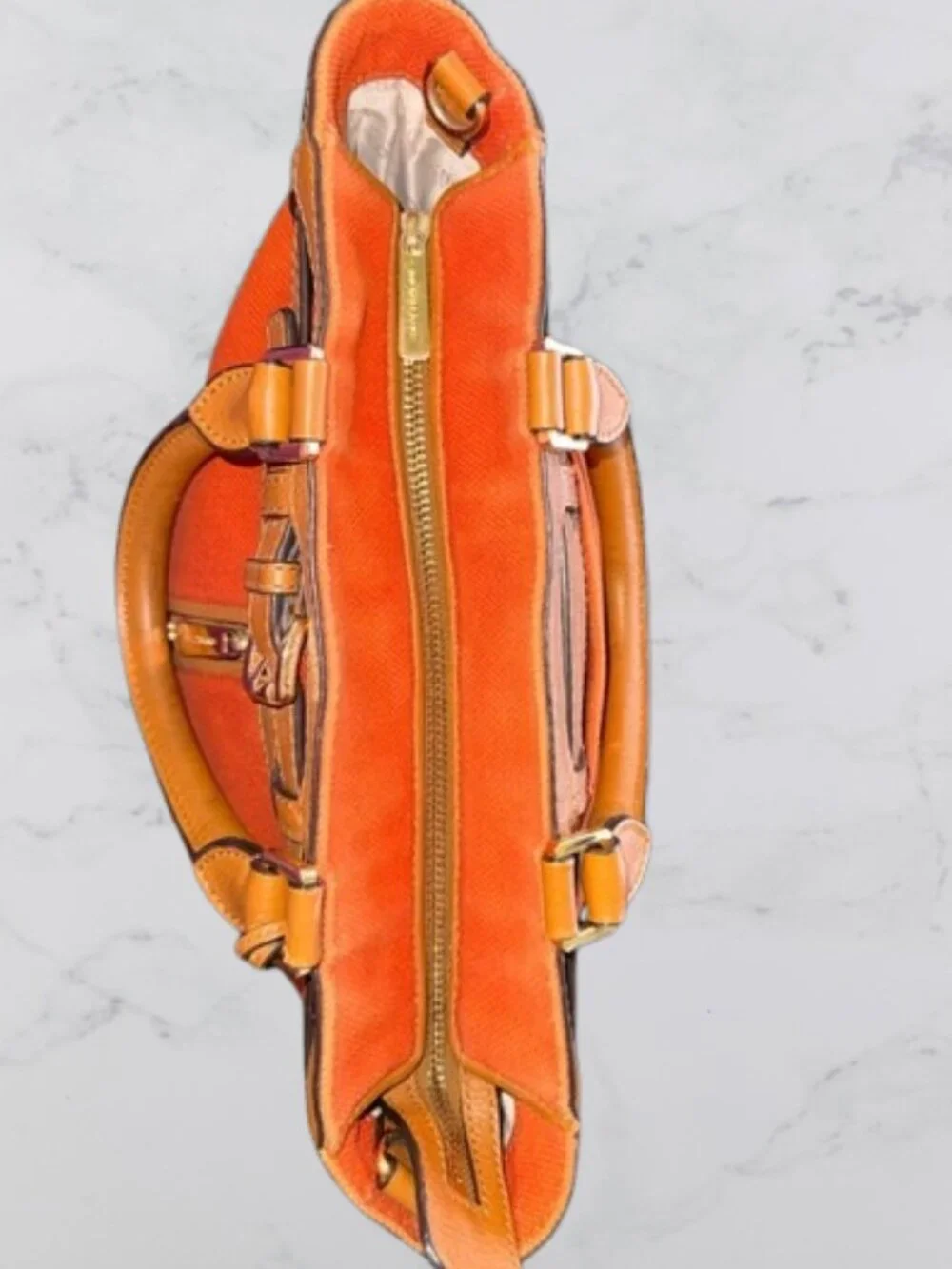 Michael Kors Kingsbury Orange Canvas Bucket Bag Cognac Leather Crossbody - Picture 7 of 13
